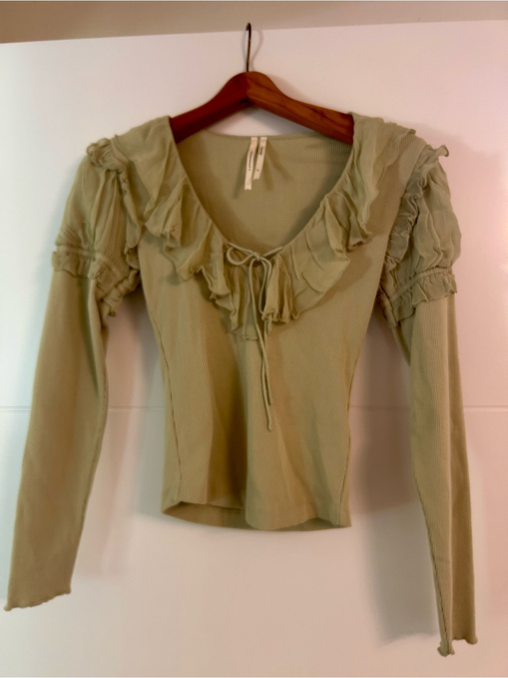 Anthropologie Sage Green Ruffled Tie-Front Long Sleeve Top